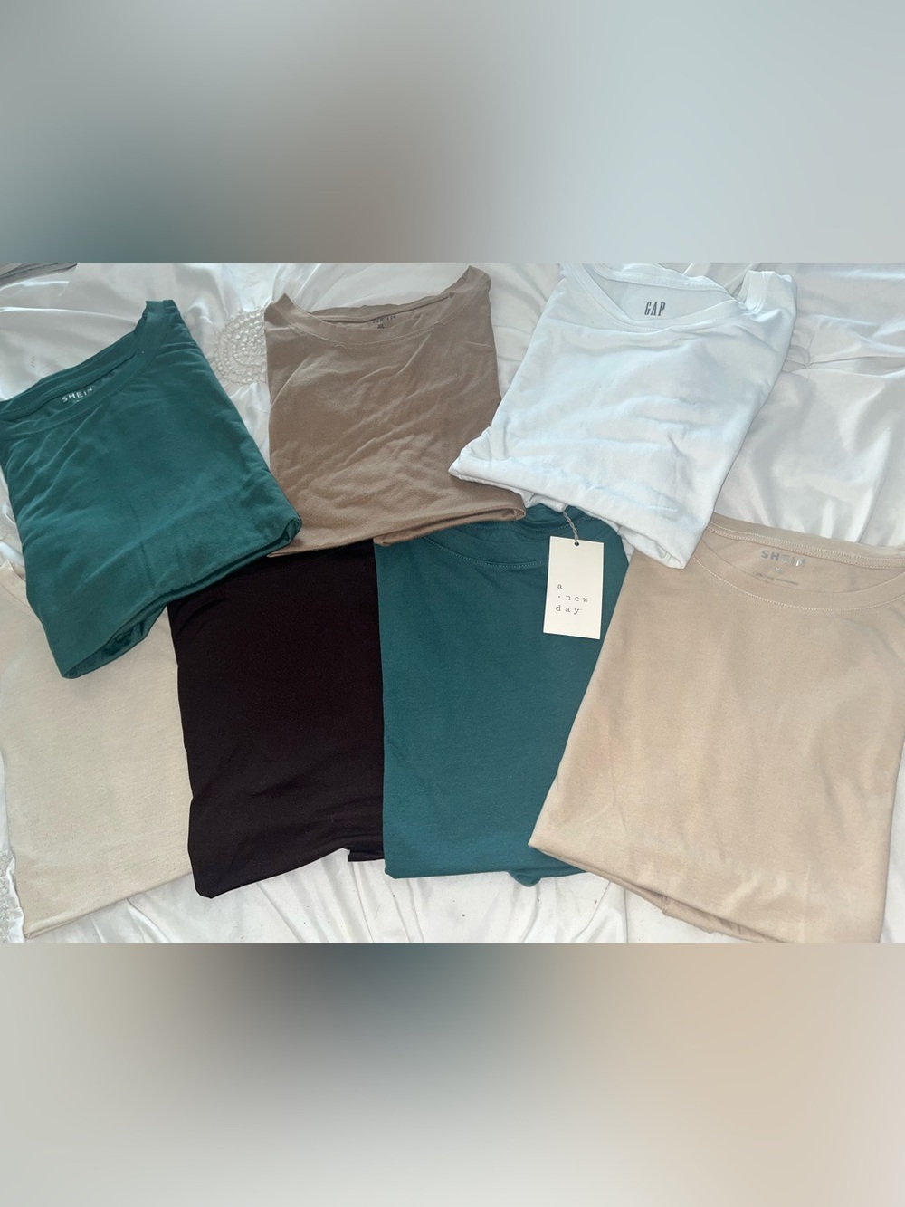 set of 7 Basic Tee Bundle in Teal, Beige, White, tan